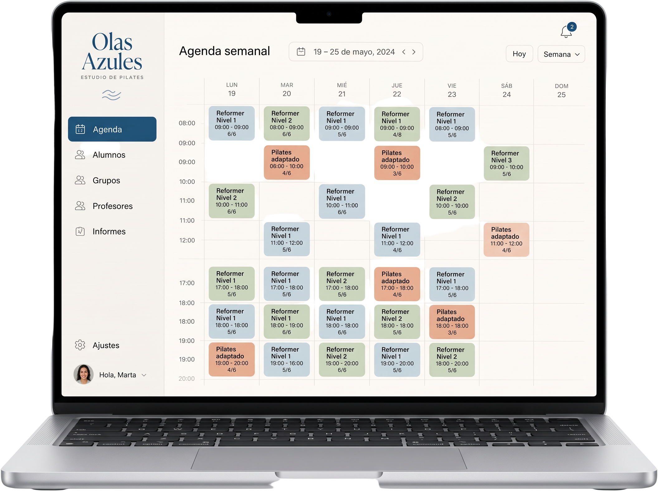 Administración de Olas Azules con la agenda semanal y el aforo de los grupos